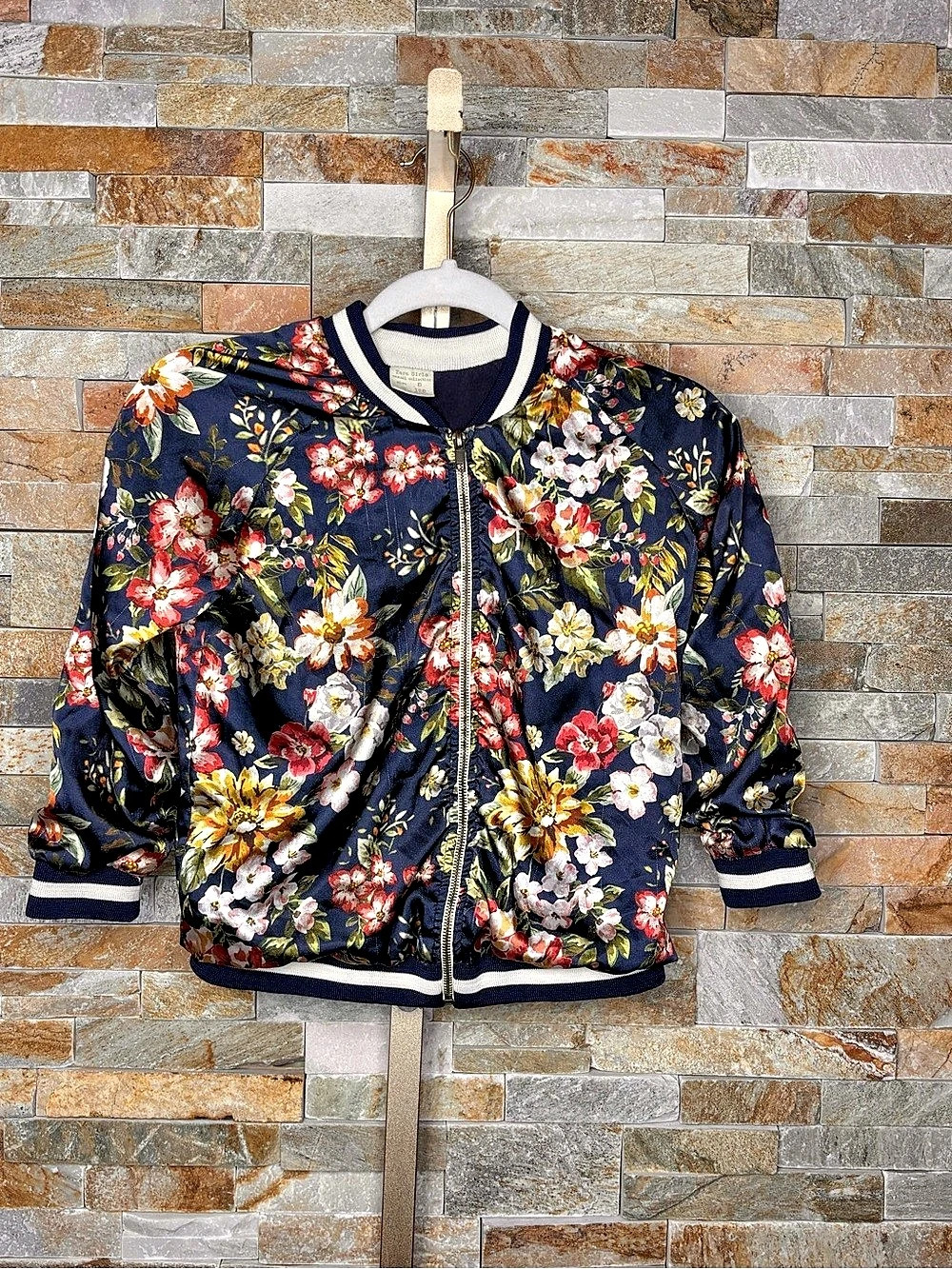 Zara Floral Bomber Jacket in Blue & Multicolor Size Medium Like New